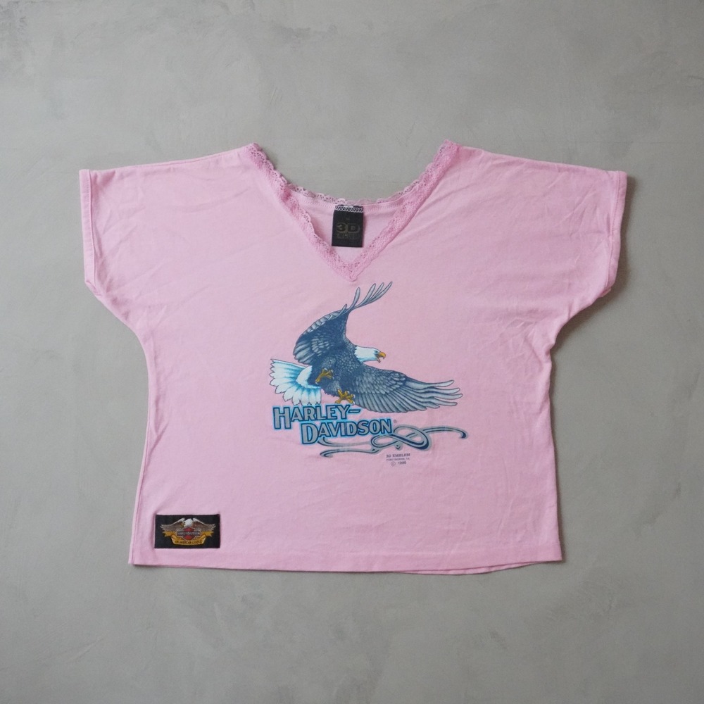 Vintage Harley Davidson 3D Emblem T-Shirt Medium Pink 90s Eagle Lace V-Neck NY